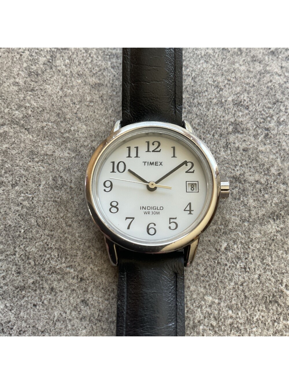 Timex Womens Watch Silver Tone Case W/White Dial and Black Leather Band Bin P